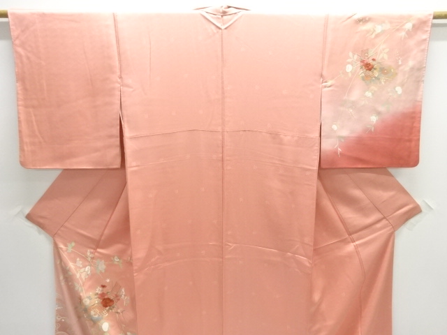  橘に短冊・牡丹模様刺繍訪問着